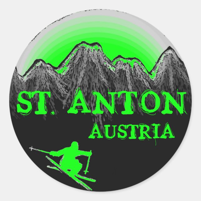 St. Anton Austria green skier stickers (Front)