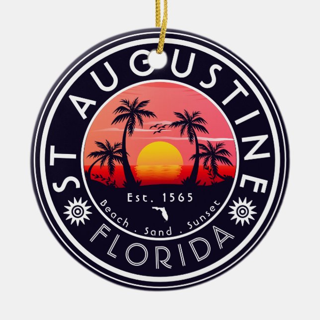 St Augustine Beach Florida Palm Trees Retro Sunset Ceramic Ornament (Front)