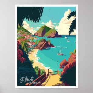 St Barts Caribbean Art Travel Vintage illustration Poster