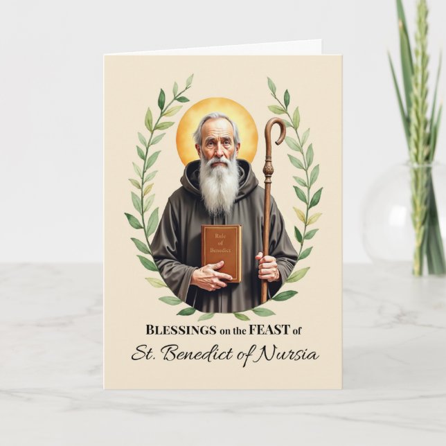 St. Benedict of Nursia Feast Day Leafy Wreath Card (Front)