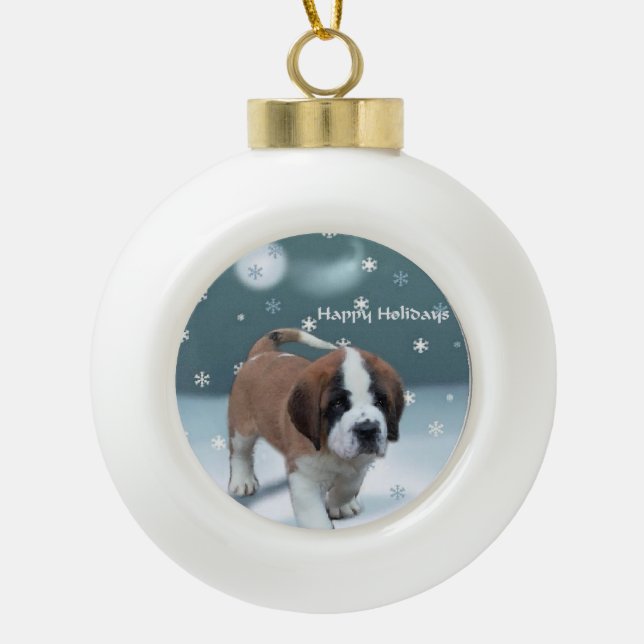 St Bernard Christmas Ceramic Ball Christmas Ornament (Front)