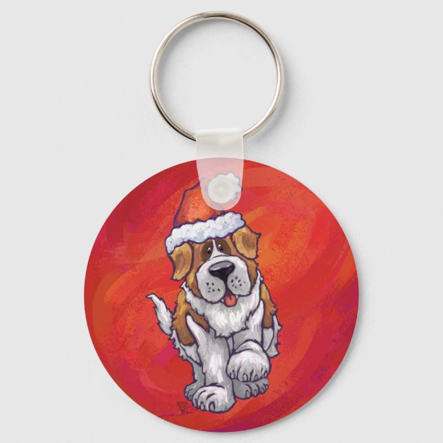 St. Bernard Christmas On Red Key Ring (Front)