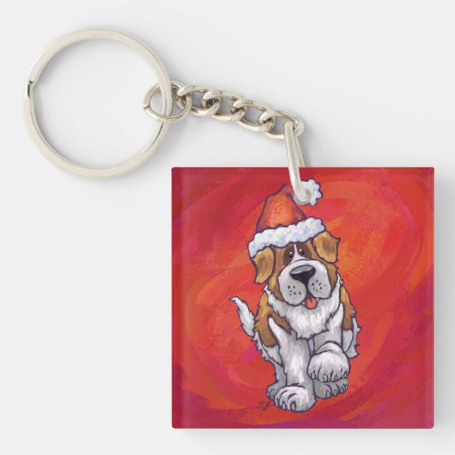 St. Bernard Christmas On Red Key Ring (Front)