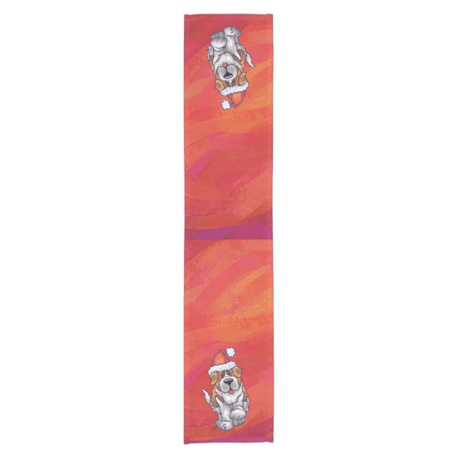 St. Bernard Christmas On Red Short Table Runner (Front)