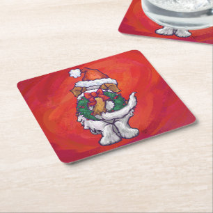St. Bernard Christmas On Red Square Paper Coaster