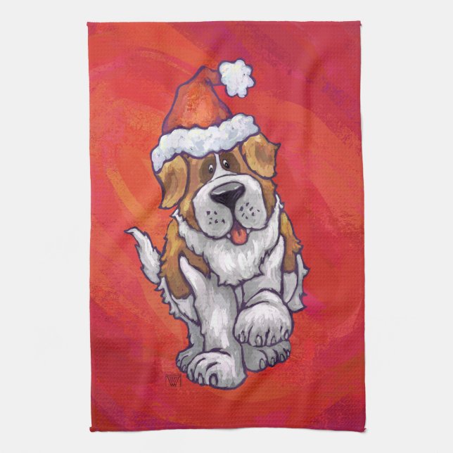 St. Bernard Christmas On Red Tea Towel (Vertical)