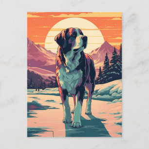 St.Bernard dog in the snowy forest during sunset Postcard
