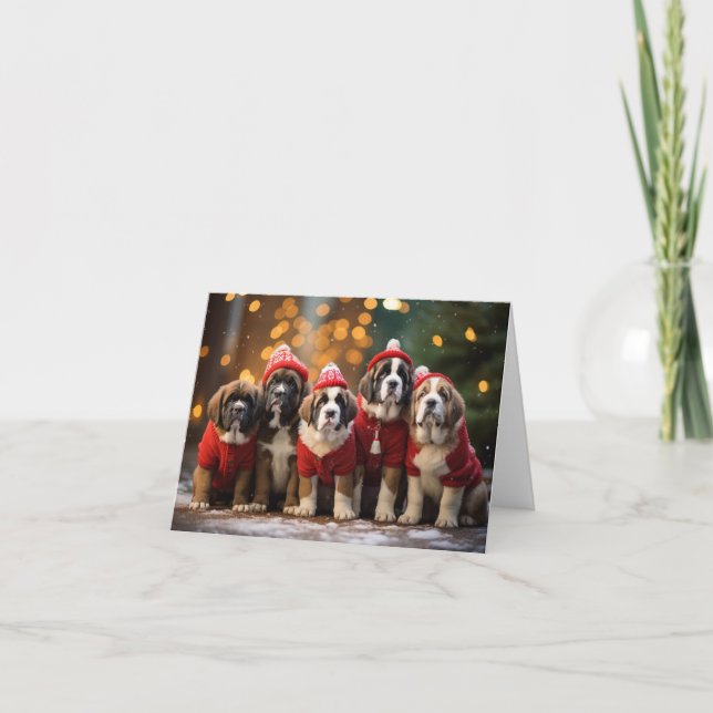 St Bernard Dog Puppies Christmas Card (Front)