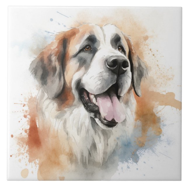 St. Bernard Dog, Watercolor Ceramic Tile (Front)