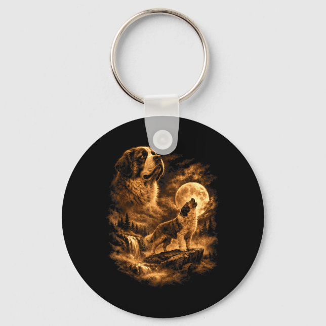 St Bernard Howling Moon Dog Fantasy Forrest Key Ring (Front)