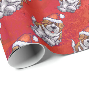 St. Bernard in Hat Pattern On Red Wrapping Paper