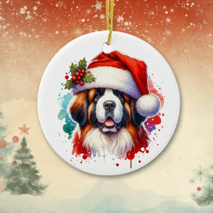 St Bernard in Santa Hat Personalised Christmas Ceramic Ornament