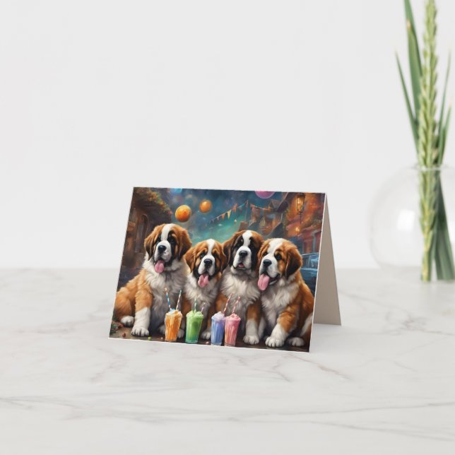 St Bernard Puppies and Milkshakes Birthday Card (Front)