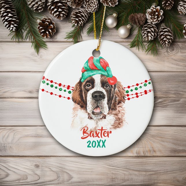 St Bernard Santa Hat Holiday String Beads Ceramic Ornament (Creator Uploaded)