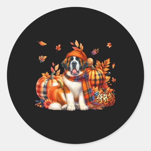 St. Bernard Thanksgiving Leopard Pumpkins Fall Lea Classic Round Sticker (Front)