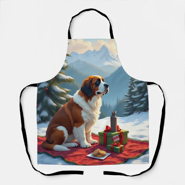 St. Bernard Winter Picnic Christmas Painting Apron (Front)