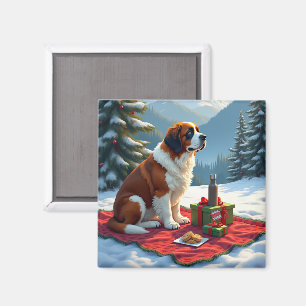 St. Bernard Winter Picnic Christmas Painting Magnet