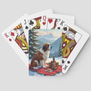 St. Bernard Winter Picnic Christmas Painting Playing Cards