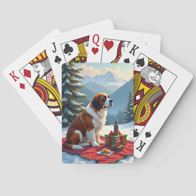 St. Bernard Winter Picnic Christmas Painting Playing Cards (Back)