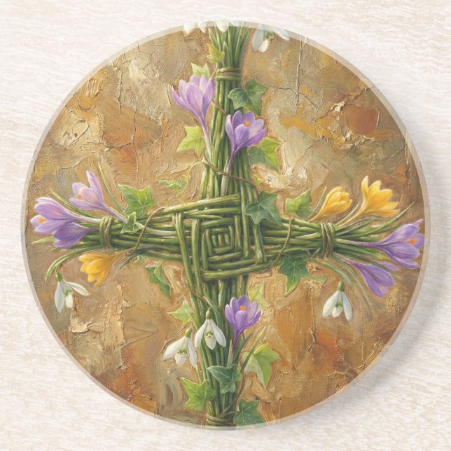 St Brigid Cross Green Rushes Crocus Imbolc Art Coaster (Front)