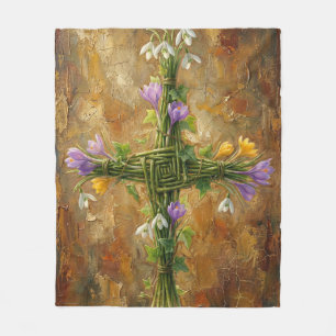 St Brigid Cross Green Rushes Crocus Imbolc Art Fleece Blanket