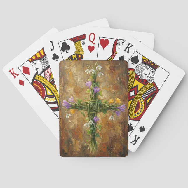 St Brigid Cross Green Rushes Crocus Imbolc Art Playing Cards (Back)