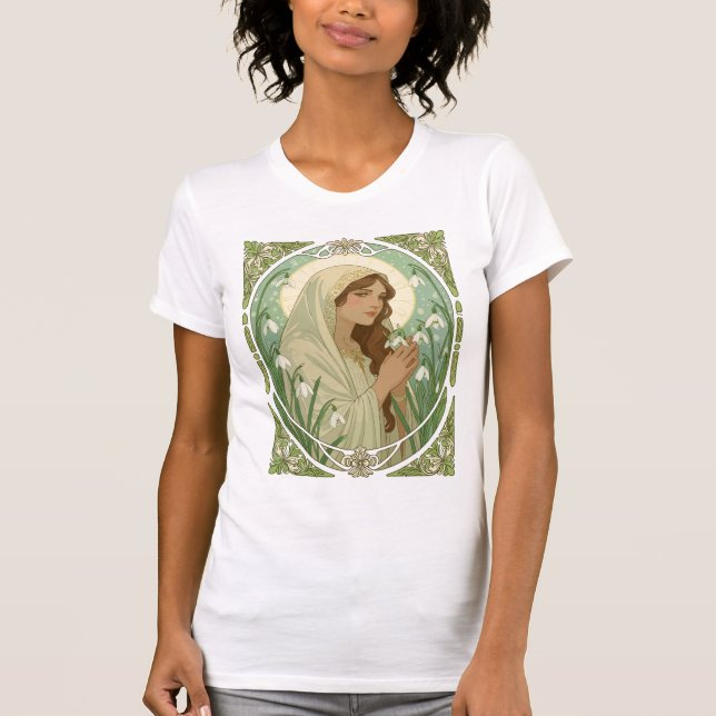 St Brigid Holding Snowdrops at Imbolc T-Shirt (Front)
