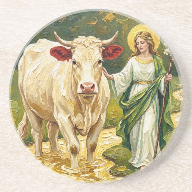 St. Brigid & The White Cow (Imbolc) Coaster (Front)