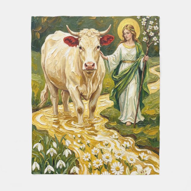 St. Brigid & The White Cow (Imbolc) Fleece Blanket (Front)