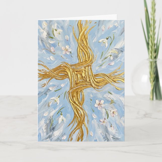 St Brigid's Cross Snowdrops Golden Imbolc Art Card (Front)