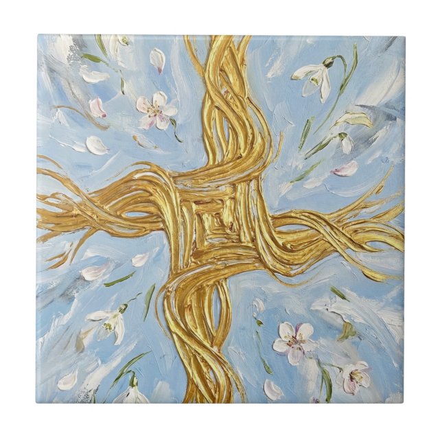 St Brigid's Cross Snowdrops Golden Imbolc Art Ceramic Tile (Front)