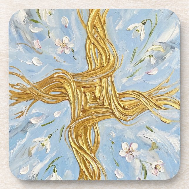 St Brigid's Cross Snowdrops Golden Imbolc Art Coaster (Front)