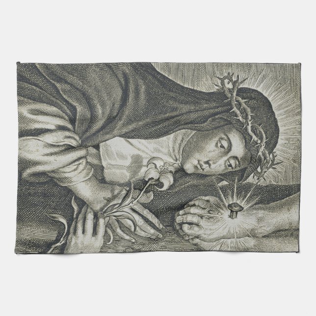 St. Catherine of Siena Crucifixion Art Noir Faith Tea Towel (Horizontal)