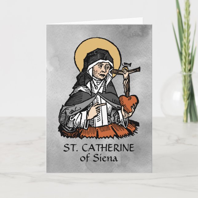 St. Catherine of Siena with Crucifix-Topped Heart  Card (Front)