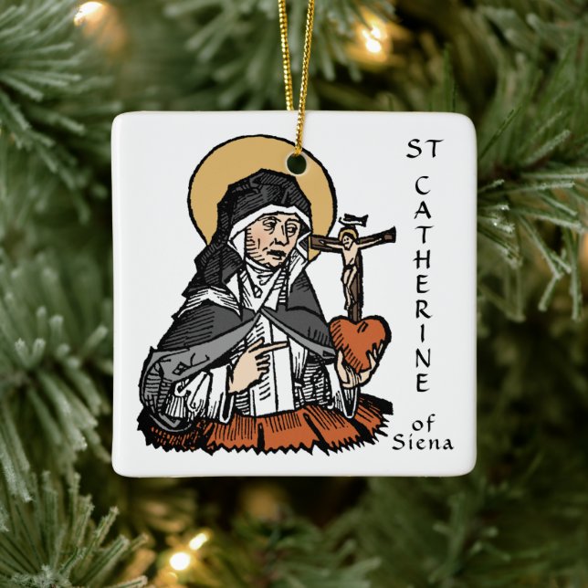 St. Catherine of Siena with Crucifix-Topped Heart  Ceramic Ornament (Tree)