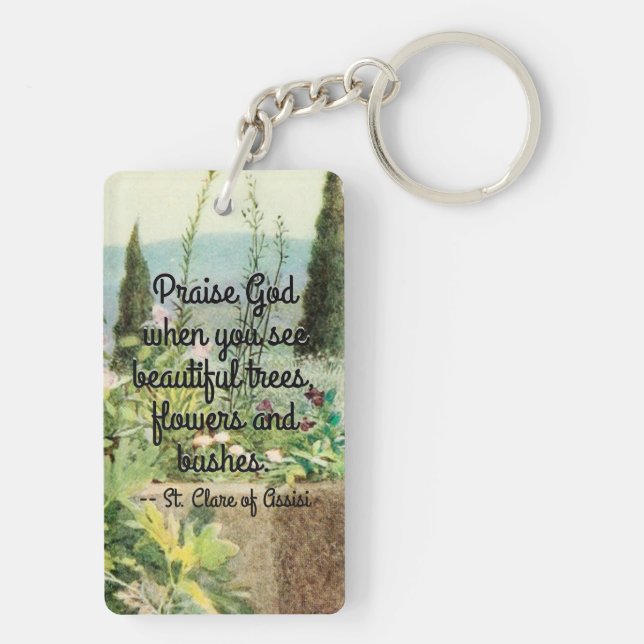 St Clare of Assisi Watering Flowers with Quote Key Key Ring (Back)