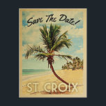 St. Croix Save The Date Vintage USVI Beach Announcement Postcard<br><div class="desc">This neo vintage St. Croix Save The Date postcard boasts tons of charm with a cool retro mid-century style. Featuring a tropical palm tree on white sandy beach with a blue ocean and puffy clouds in a blue sky, your destination wedding will make everyone excited when they receive this vintage...</div>