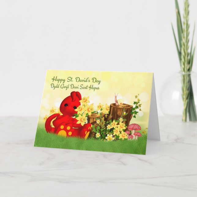 St. David's Day Greeting Cute Dragon & Daffodills Card (Front)
