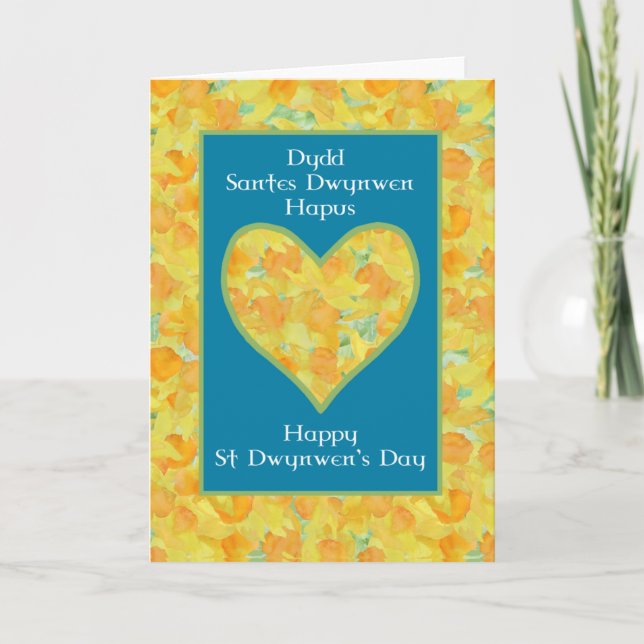 St Dwynwen's Day Daffodils Heart, Welsh Greeting Card (Front)