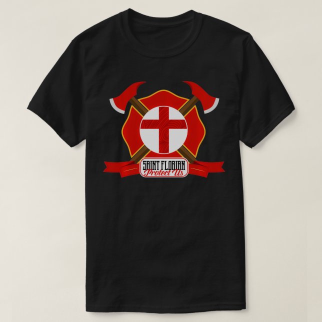 St Florian Patron Saint of Firefighters Shield Cat T-Shirt (Design Front)