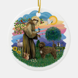 St Francis -  Brown Portuguese Water Dog Ceramic Ornament