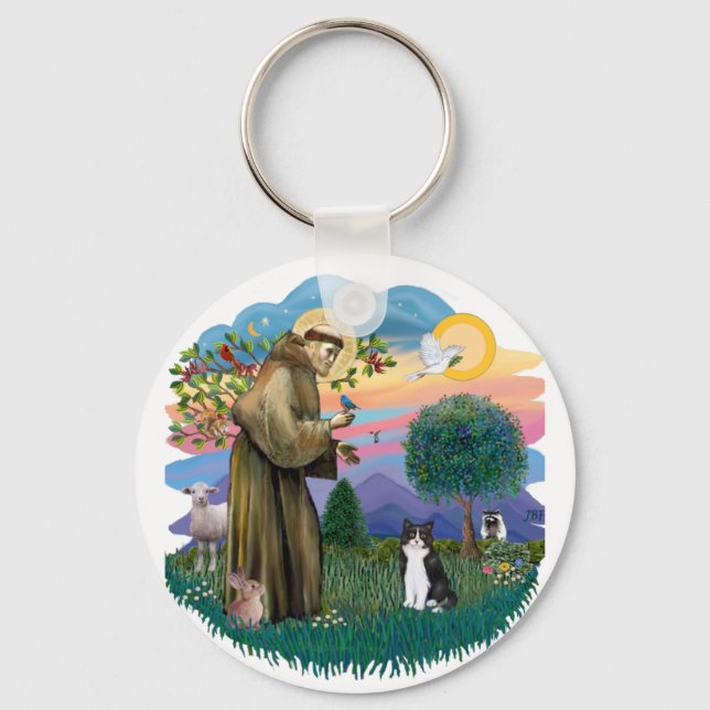 St Francis (ff) - Black and white cat Key Ring (Front)