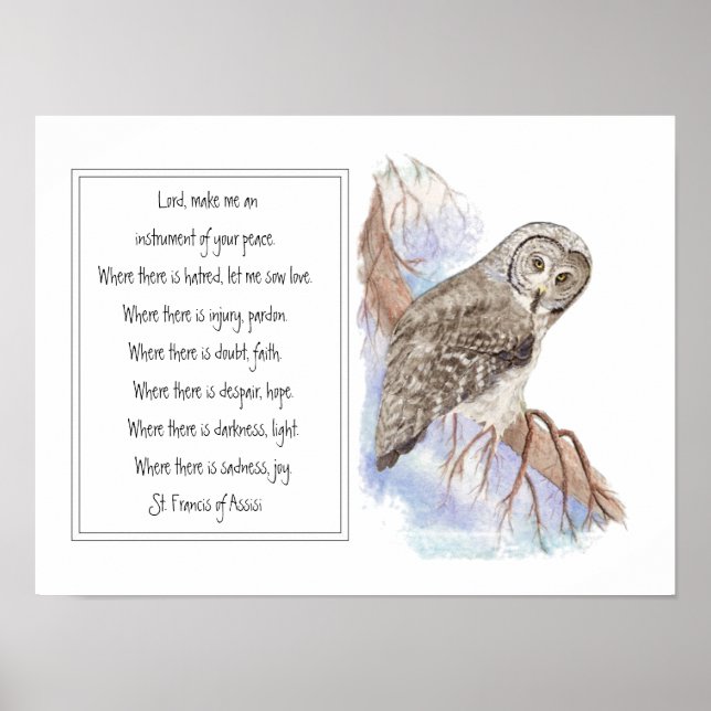 St. Francis of Assisi Prayer with Owl Bird Poster (Front)