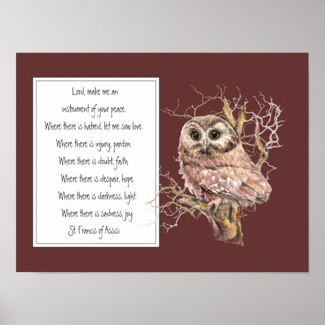 St. Francis of Assisi Prayer with Wise Owl Bird Poster (Front)