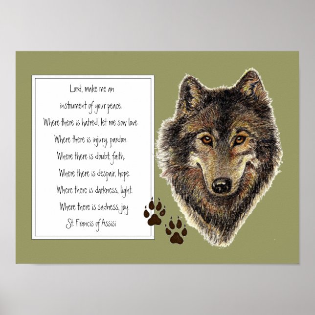 St. Francis of Assisi Prayer with Wolf  & Tracks Poster (Front)