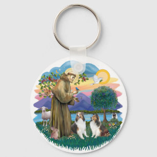 St Francis (W) - 2 Shelties (D&L) Key Ring