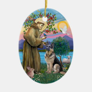 St Francis (W) - German Shepherd (C) Ceramic Ornament