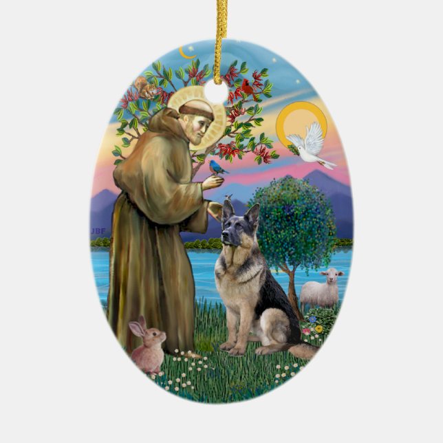 St Francis (W) - German Shepherd (C) Ceramic Ornament (Front)