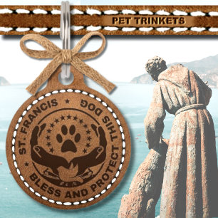 ST. Francise Bless Protect This Dog Brown Leather Pet Tag