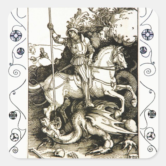 ST. GEORGE AND DRAGON , Black White Square Sticker (Front)